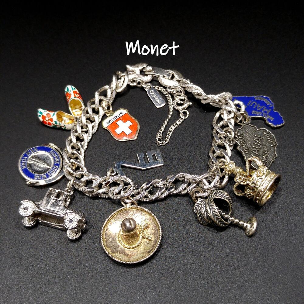 Monet Silver Tone Charm Bracelet, Sterling Silver Travel Charms, 1970s Vintage